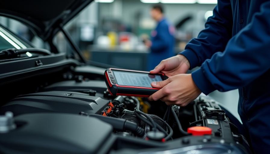 Mechanic inspecting an engine bay with diagnostic tools