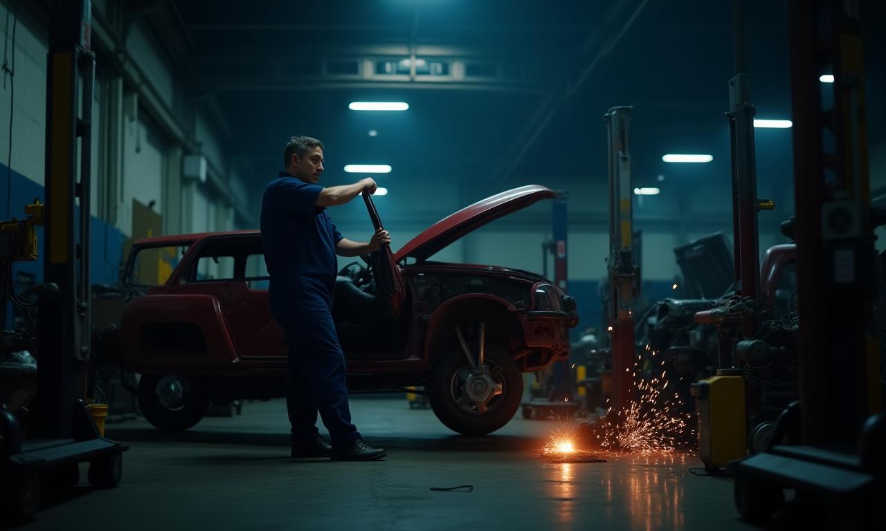 Auto mechanic working on a vehicle lift next to welding equipment in Pace Florida workshop