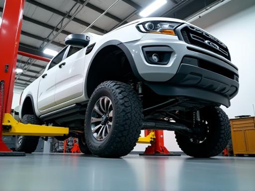 Light truck on lift getting suspension work