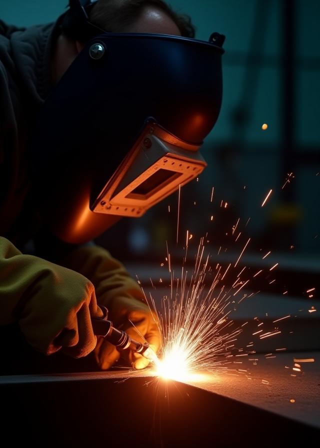 Welder using protective gear working on a metal joint with sparks flying